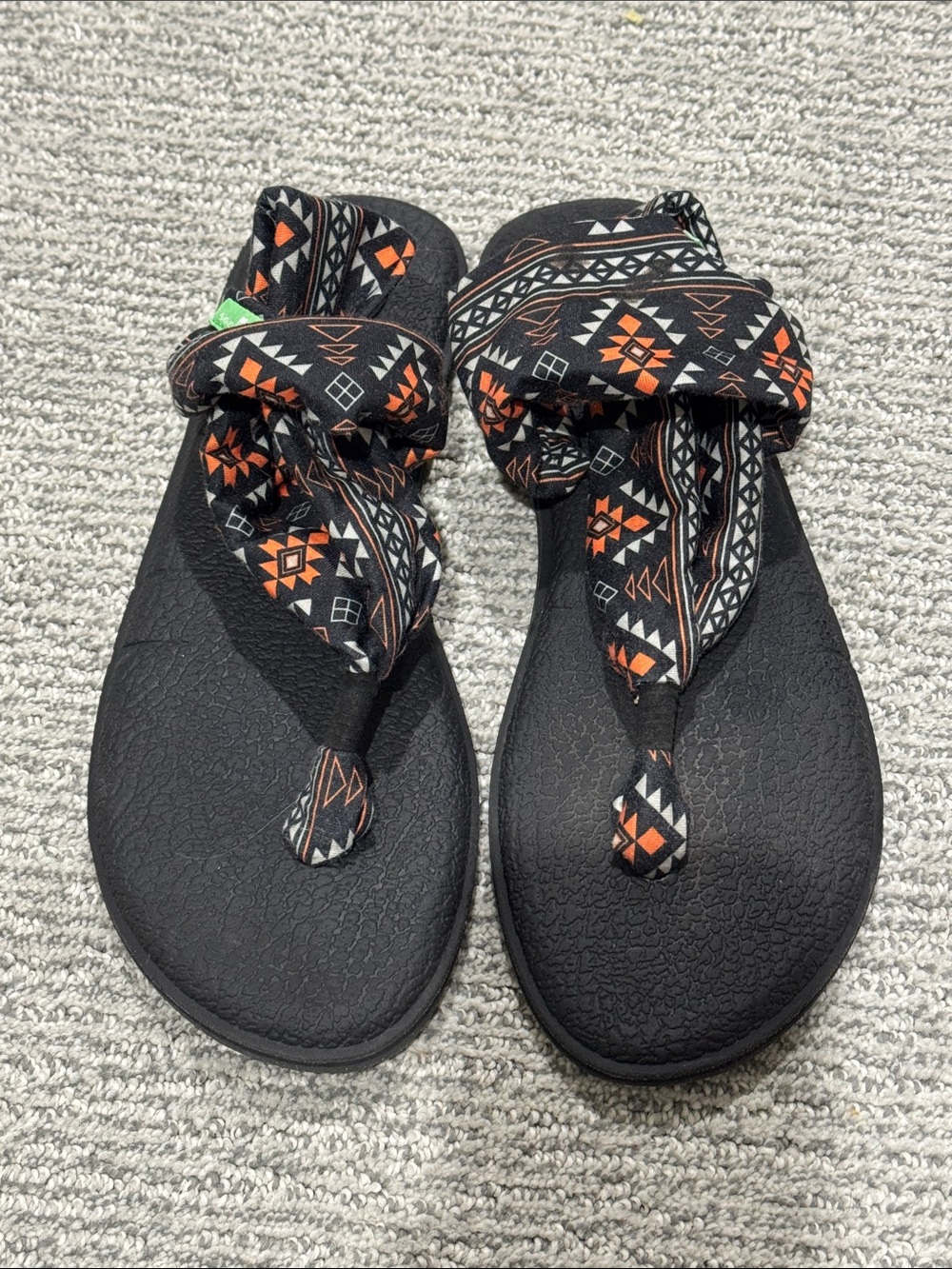 Sanuk Black Fabric Wrap Sandals with Orange & White Pattern